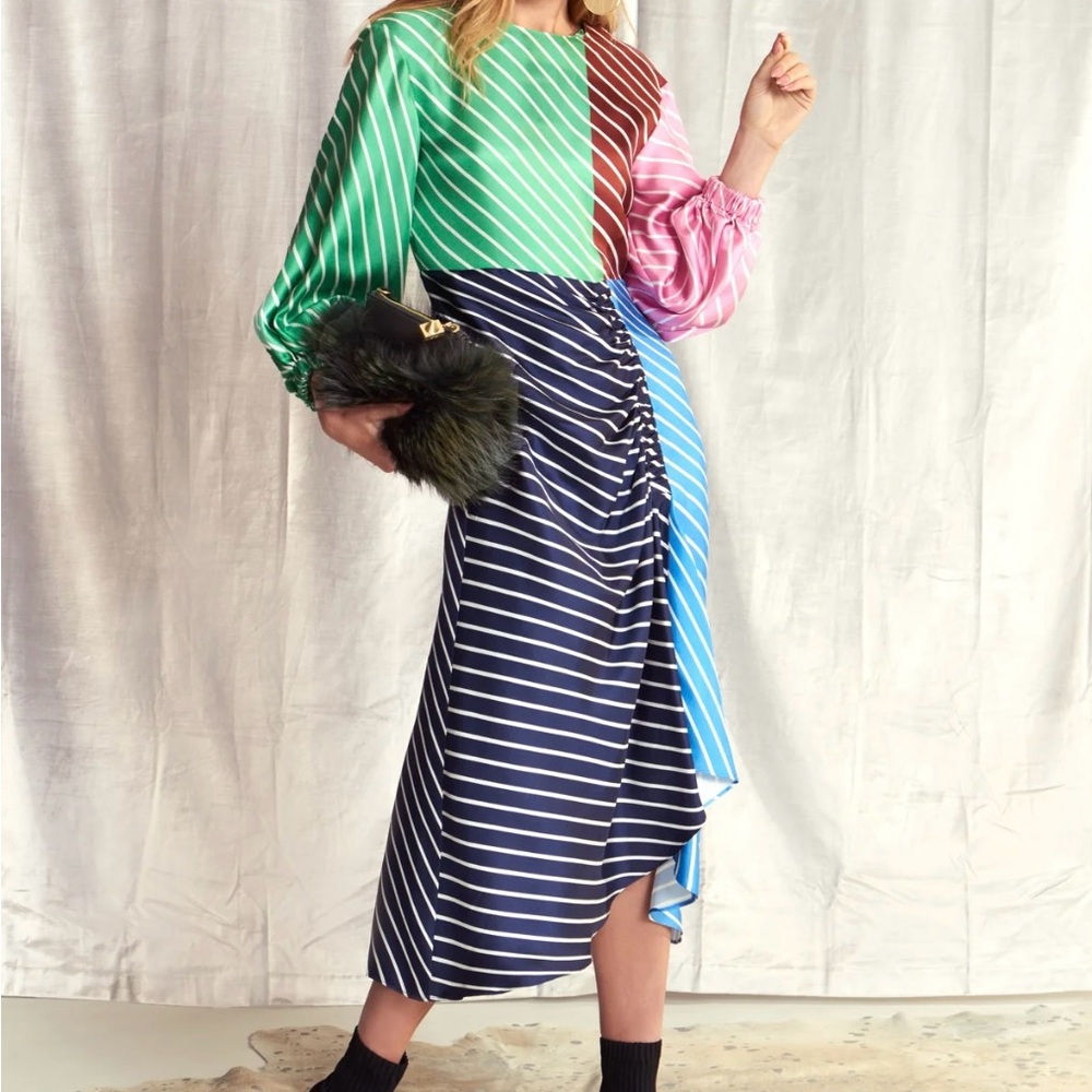 Tibi Delphina Stripe Shirred Long Dress